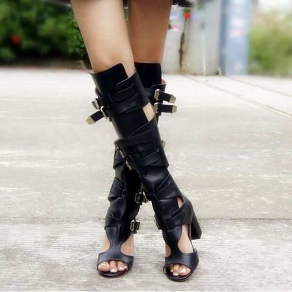 

new arrival spring summer women knee high sandals motorcycle boots buckle rome women shoes cutouts sandals boots, Black