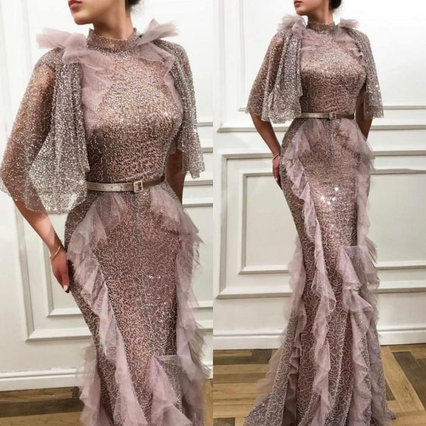 

modest mermaidÂ evening prom dress short sleeve high neck satin tull party dress sweep train sash beads robes de soirÃ©e, Black