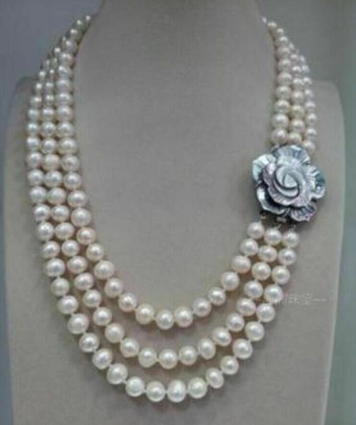 

three rows 9-10mm osuth sea white round white pearl necklace 17"-19, Silver