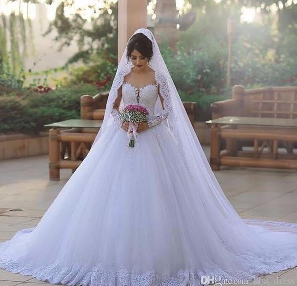 

luxury dubai arabic princess wedding dresses 2020 new sweep train applique tulle sheer long sleeve lace bridal gowns vestidos de novia w1206, White