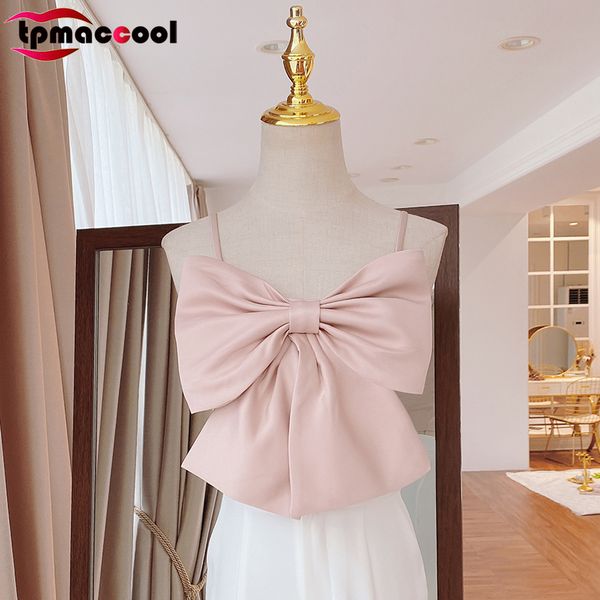

tpmaccool luxury designer women high end new summer sweet temperament 3d bowknot pearl buttons female tees tanks camis, White