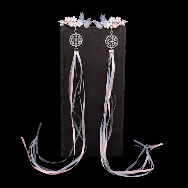 

1 pair purple blue yarn bowknot flower crystal long tassel hairpins clips women girl bride chinese hanfu dress headpieces, Golden;white
