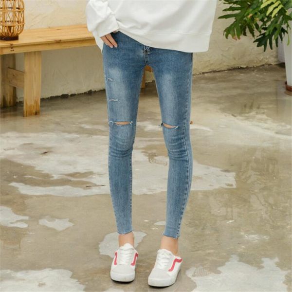 

new summer high tail skinny jeans women's pencil broek girlfriend's asshole ripped jeans cool denim women's, Blue