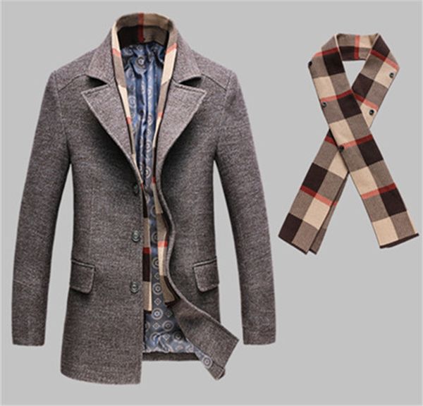 

winter men blends lapel neck long loose thick men wool coats casual scarf detachable business male outerwear, Black