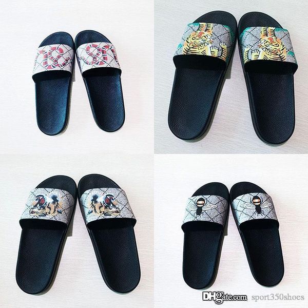 

2019 luxury designer mens womens summer sandals beach slide luxury slippers ladies designer shoes print leather flowers bee superior quality, Black