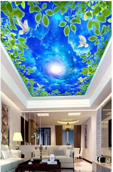 

customized large 3d p wallpaper 3d ceiling murals wallpaper cosmic starry green leaf white dove zenith ceiling mural papel de parede