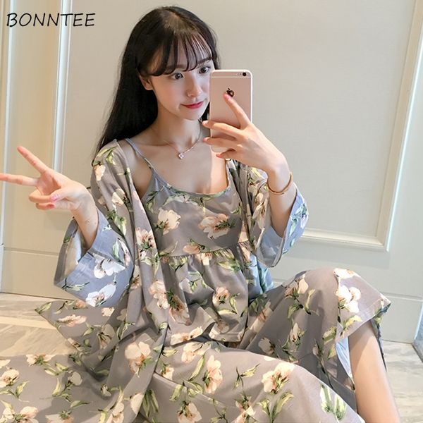 

gown sets women korean style daily printed sweet womens robes trendy breathable elegant clothing homewear soft students female, Black;red