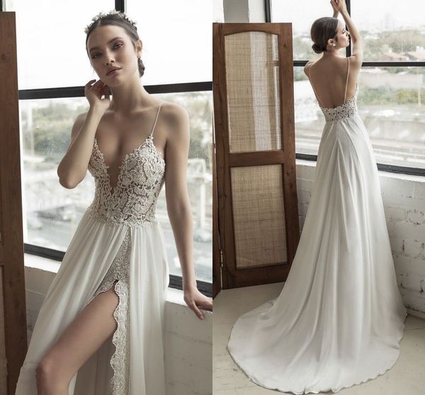 

спагетти ремни богемной стороны сплит глубокий v-образным вырезом сексуальные аппликации boho принцесса шифон свадебное платье 2019 линии св, White