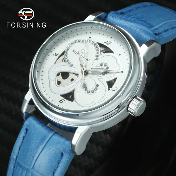 

forsining 2019 fashion casual mechanical flower skeleton women watches leather strap crystal decorated concise ladies wristwatch, Slivery;brown