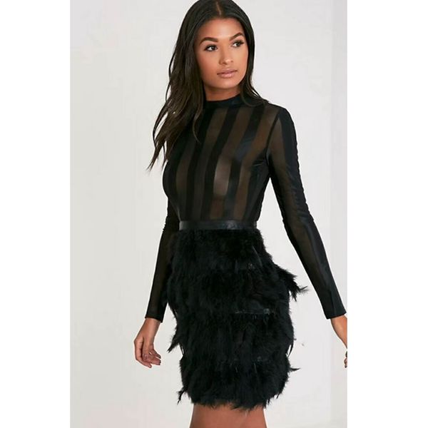 

2019 elegant women bodycon long sleeve feathers white black celebrity party dress autumn mesh bandage dress wholesale, Black;gray