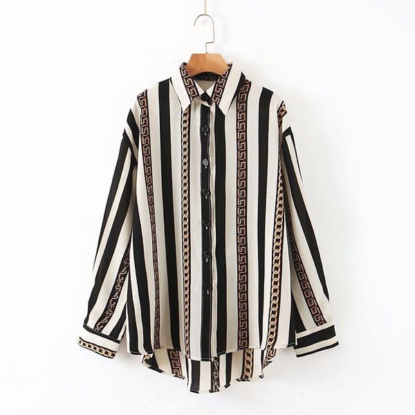 

dandan50-8967 european and american fashion vertical stripes printed loose shirt, White
