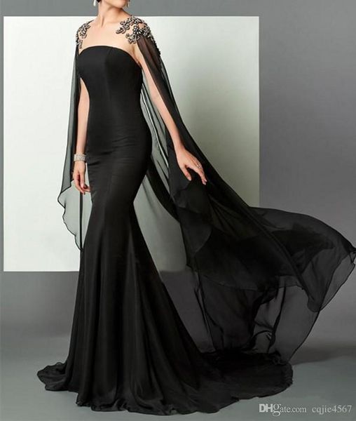 2019 Abiti da sera formali arabi a sirena nera Elie Saab Chiffon con perline con mantello africano Prom Party Gown Pageant Celebrity Dress Runway 5