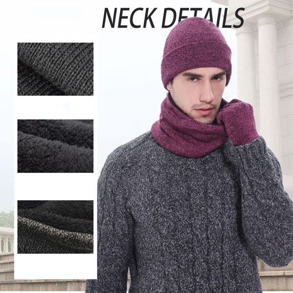 

3-piece set mens knitted hat gloves scarf sets 2019 fashion winter thick warming solid color clothing accessories, Blue;gray