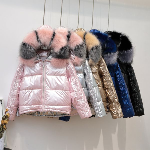 

fashion big fur collar parka winter female coat women puffer warm quilted jacket harajuku hood snow wear outerwear holographic, Black