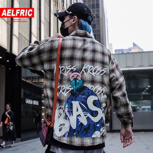 

aelfric mask boy printed plaid mens shirts 2019 fashion harajuku streetwear hip hop casual cotton oversized long sleeve outwear, White;black