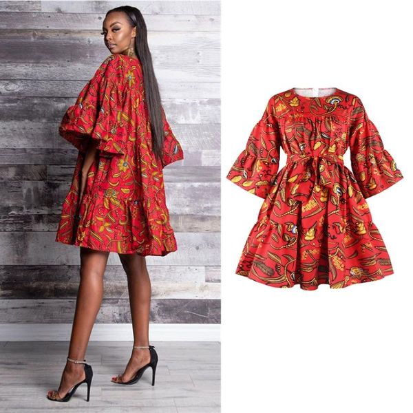 

ethnic clothing african american clothes women dress with belt dashiki floral print 2021 summer s half sleeve evening party wear tutu skirts, Red