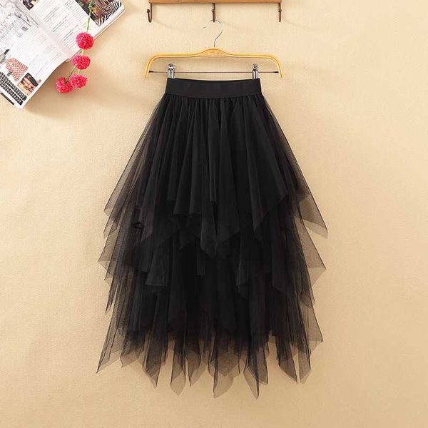 

spring and summer tulle skirt 2019 new mid-long irregular mesh empire fairy sweet ball gown skirt knee-lengt solid lolita style, Black