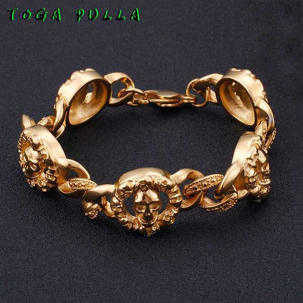 

punk skull mens bracelets 2020 gold/silver 316l stainless steel skeleton link charm bracelets for men cool gothic skull jewelry, Golden;silver