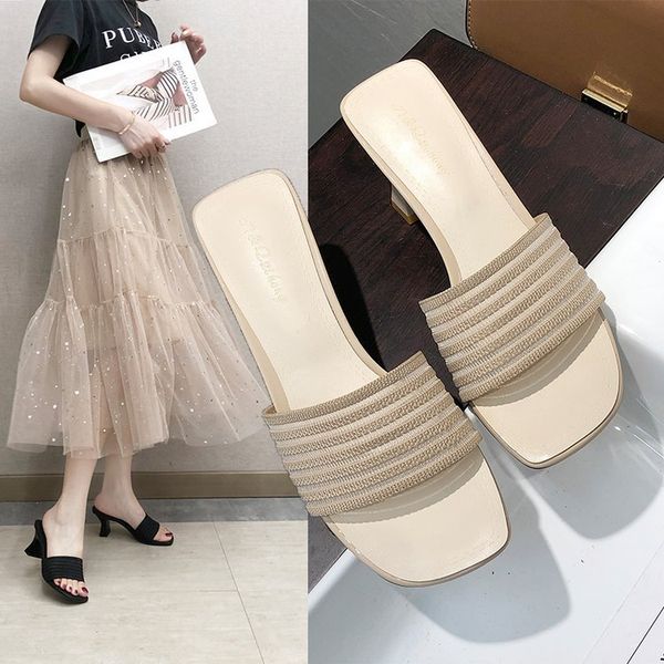 

net red slippers women wear fashion wild 2019 new summer high heel sandals thick with ins fairy wind women's shoes, Black