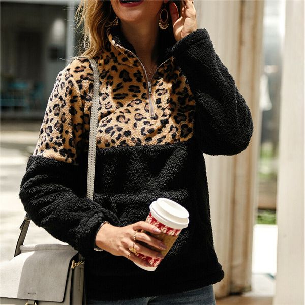 

2019 новые женщины зимние теплые пальто с длинным рукавом леопард лоскутное флис свободные куртки верхняя одежда женщины повседневная тонкий, Black;brown