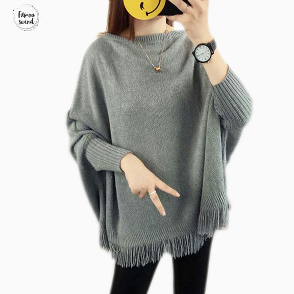 

новая весна свитер серый пуловеры и свитера пончо кисточкой мягкие шали сыпучие женщины разрез шеи bat длинным рукавом пуловер, White;black