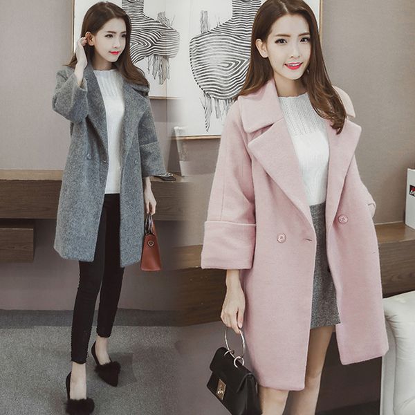 

office lady slim long wool coat single button wool blend coat and jacket turn-down collar women coats autumn winter, Black