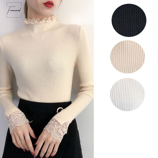 

winter autumn turtleneck sweaters knitting slim long sleeve jumper women pullovers crochet lace casual women sweater basic black, White;black