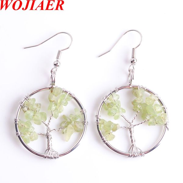 

wojiaer tree of life dangle earrings ear drop natural olive green chip stone bead reiki 7 chakra healing jewelry dr8001, Silver