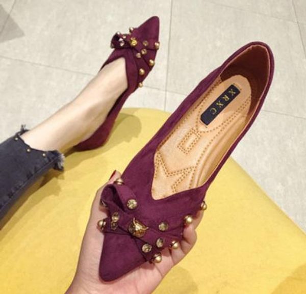 

2019 women's shoes in spring and autumn with new style flat bottom pointed end rivet suede @14, Black
