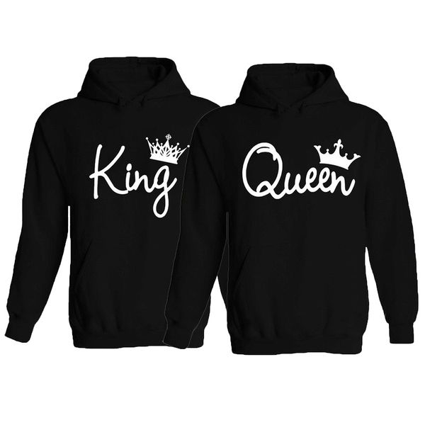 

mens women lovers hoodies king queen letter printing soul mate couple hoodie cartoon couple hoodies sweater, Black