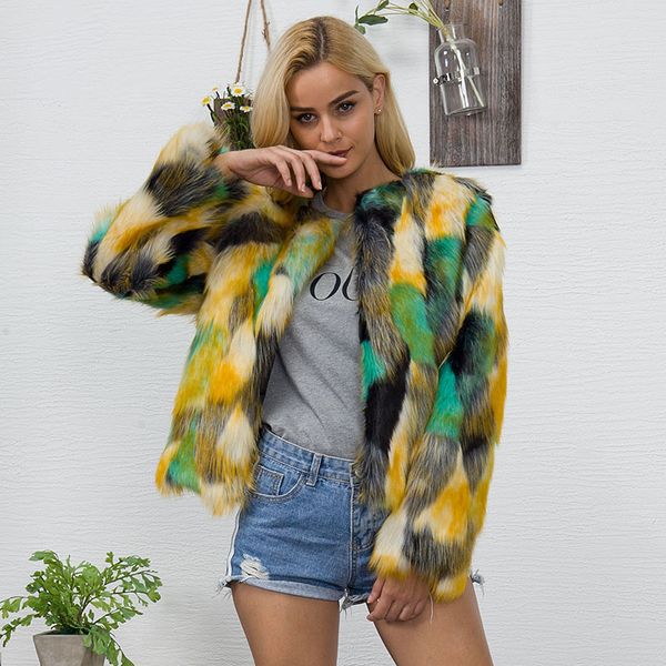 

hairy fluffy fur coat women winter thicken warm long sleeve o-neck slim contrast color outerwear jacket parkas plus size 6q0365, Black