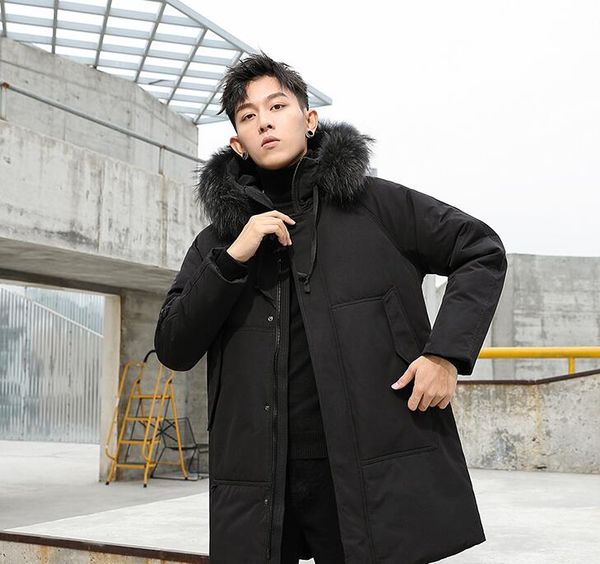 

down jacket male 2020 new fur collar mid-length korean version of the trendy men's jacket autumn and winter canadian student tooling, Black