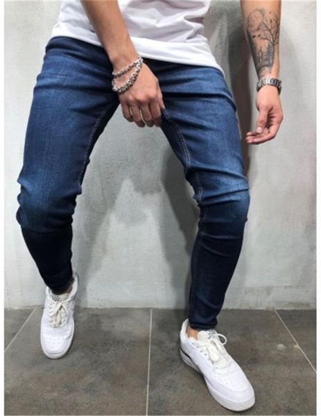 

men's jeans solid color leisure bound feet hip-hop wash cowboy skinny ripped stretch slim trousers, Blue
