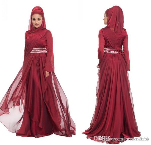

burgundy chiffon formal long lace appliques evening dresses with hijab long sleeve 2017 beaded pleated layered ruffle arabic muslim dress, Black;red