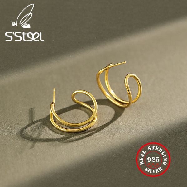 

s'steel 925 sterling silver stud earrings for women korean geometry gold earing double line ohrringe earrings fashion jewelry, Golden;silver