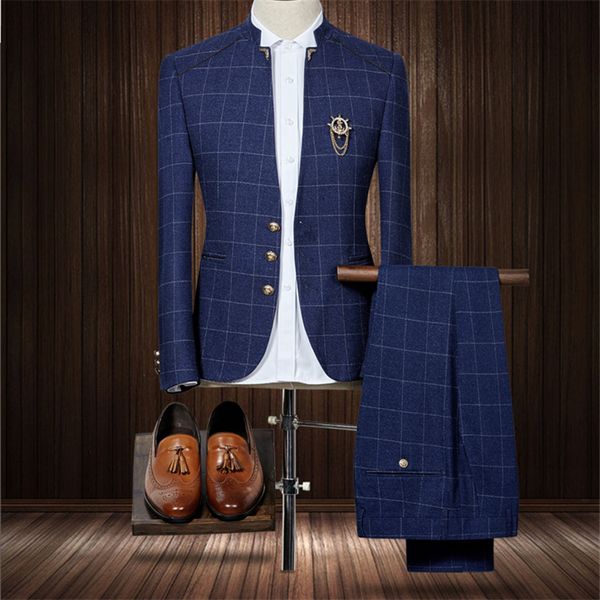 

2018 autumn s - 3xl men's chinese stand collar plaid long sleeve blazer and suit trousers black and blue, White;black