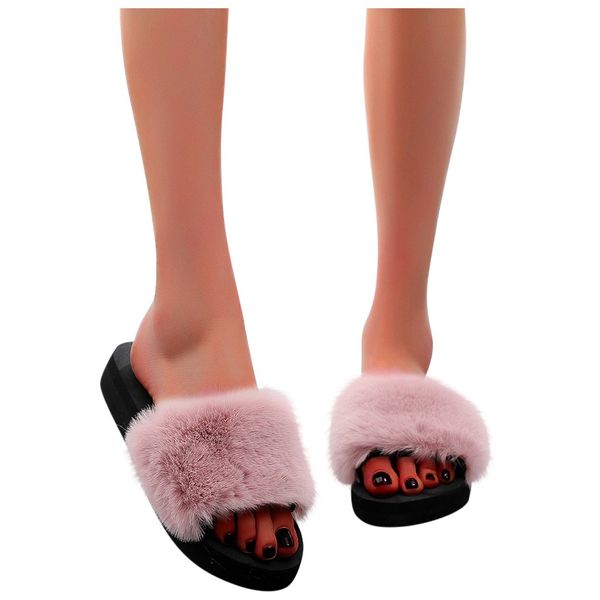

furry slippers women's shoes fashion indoor outdoor women slip-on open toe flat warm winter slipper shoes ladies slippers#g2, Black