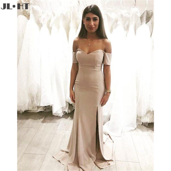 

in stock new 2019 mermaid evening dresses prom gown elastic satin short sleeve front slit off shoulder evening dress custom made, White;black