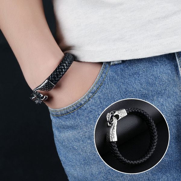 

fashion men cowhide braided bracelet men's cow leather wristband weaved bracelet stainless steel snake cuff bangle boys gift 200 mm / 2, Black