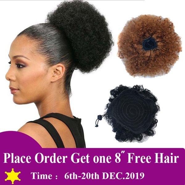 

high afro puff ponytail drawstring chignon hairpiece short synthetic kinky curly fake hair bun updo clip in hair extensions, Black;brown