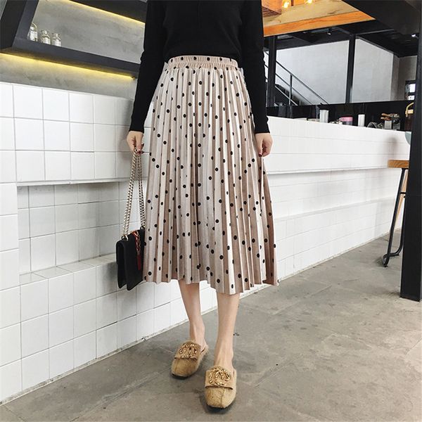 

2020 spring summer skirts women fashion velvet a-line pleated dot gorgeous female casual elastic waist midi skirts streetwear, Black