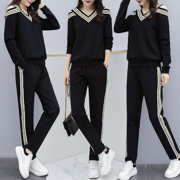 

off shoulder two piece set sportswear tracksuits casual v collar + long pant women suit 2019 spring women's tracksuit, White