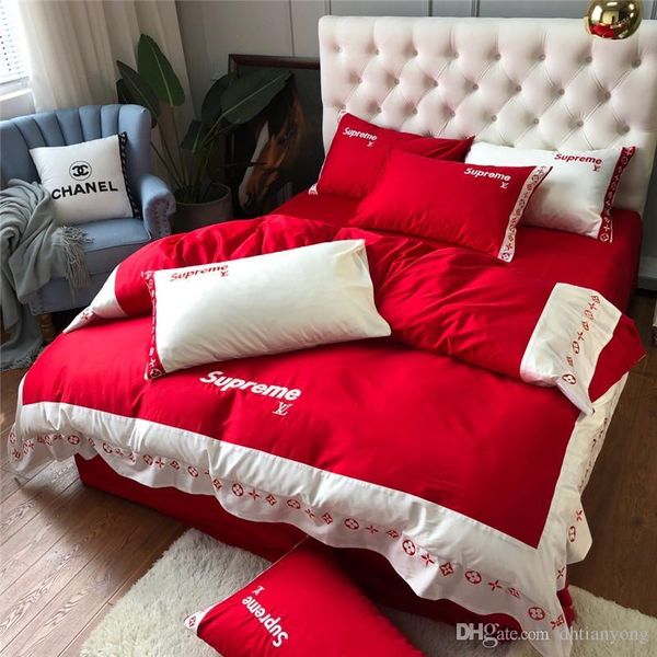 

red embroidery letter stripe bedding suit new come s letter wedding room decorate happiness red white color bedding high quality