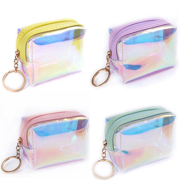 

1 pc laser square jelly transparent coin purse women girl lady pvc mini wallet zipper card storage bag little star coin purse, White