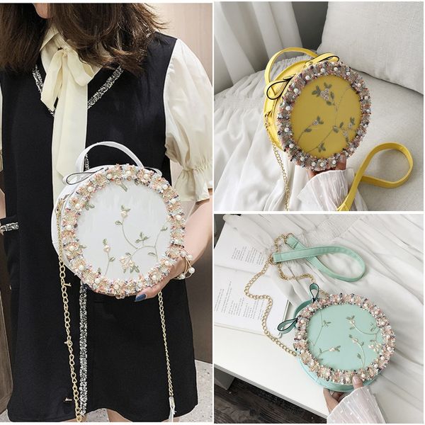 

summer female 2019 fairy lace small lace flower small round bag cute chain shoulder messenger bag, White