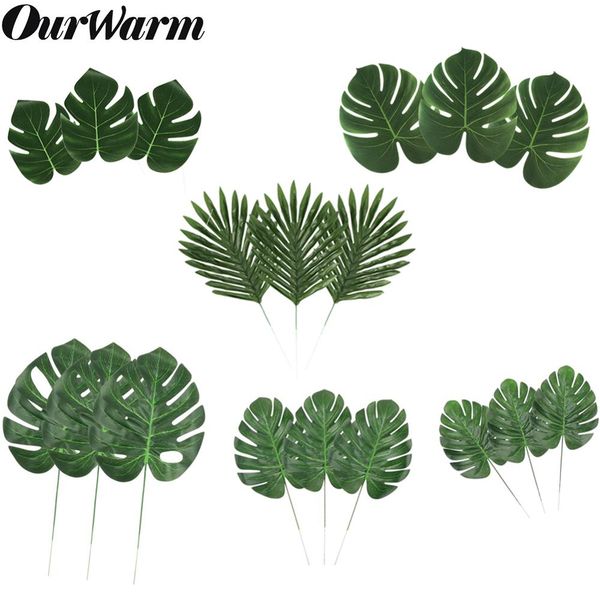 

ourwarm 12pcs tropical hawaiian party artificial palm leaves fake plant table mat home hanging wedding party favors decoration