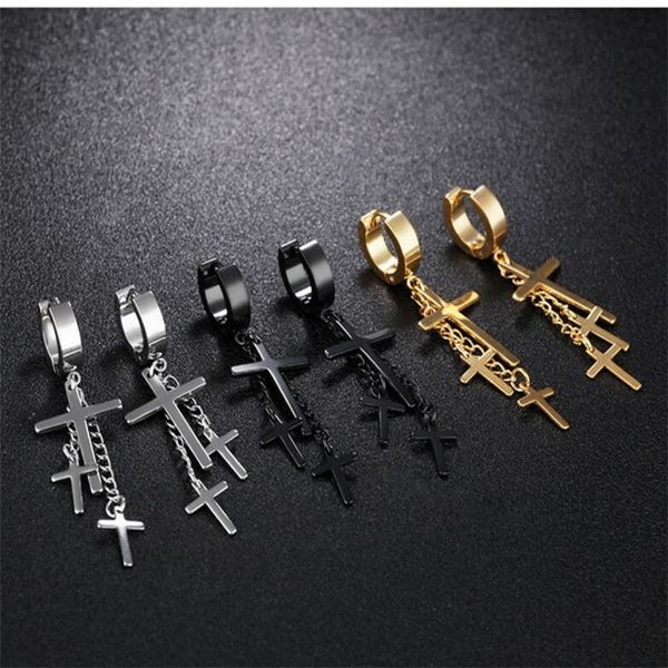 

1 piece punk stainless steel stud earring men cross earring fashion tassels crosses body piercing jewelry black, Golden;silver