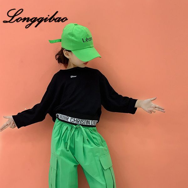 

girls sweater 2019 early autumn new korean children loose wild color letter print long sleeve pullover sweater, Black