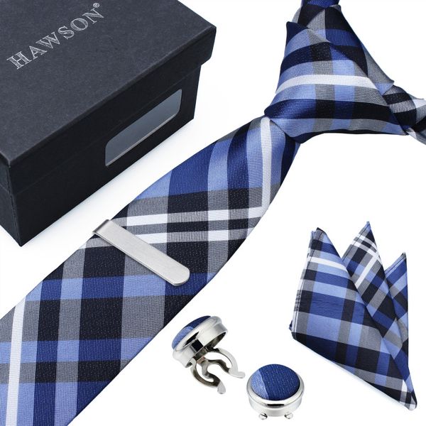 

hawson multi-color necktie set with tie clip handkerchief & button cover cufflink in gift box for graduation birthday party, Black;blue