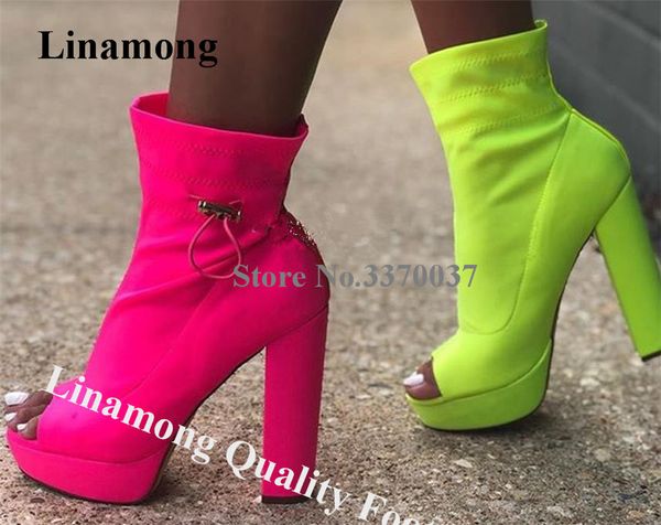 

linamong fashion peep toe high platform chunky heel short boots neon yellow pink stretch lycra fabric elastic ankle boots, Black